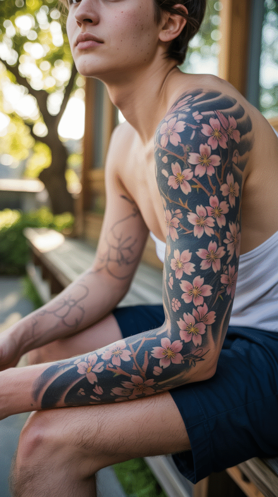 Japanese Flower Sleeve Tattoo Design