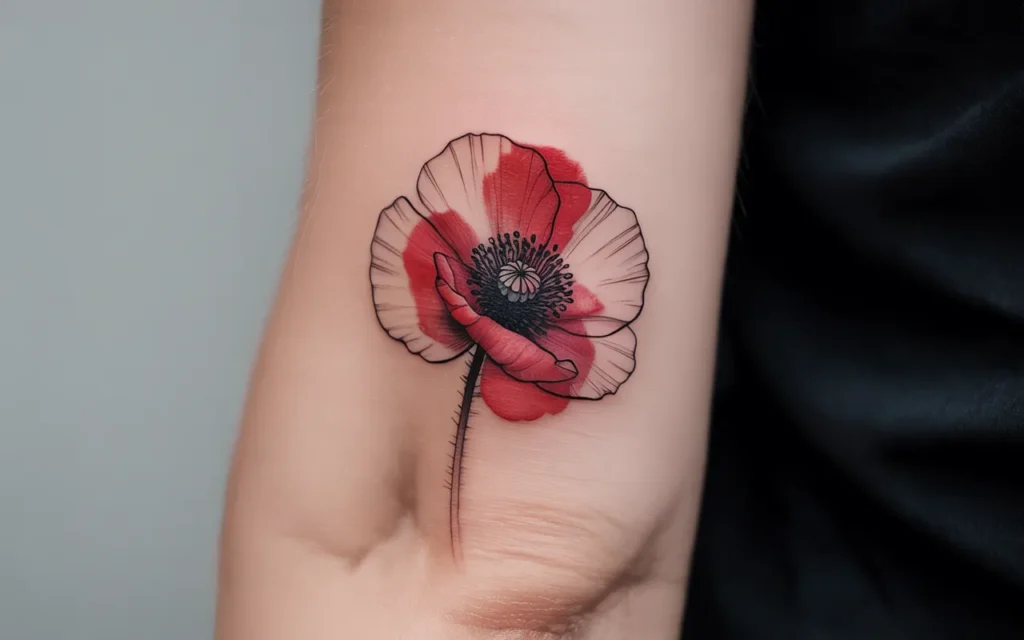 Fine Line Poppy Flower Tattoo