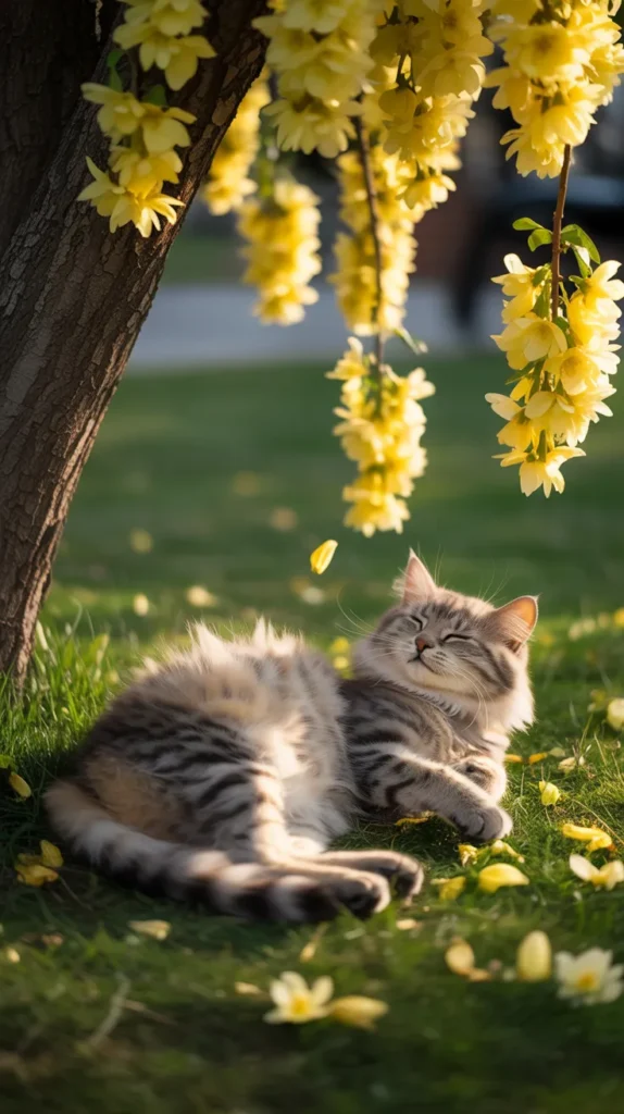 Cat Smelling Yellow-Flowers
