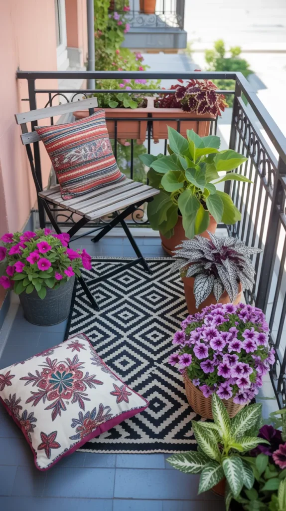 Cozy Balcony With Flowers And Cushions