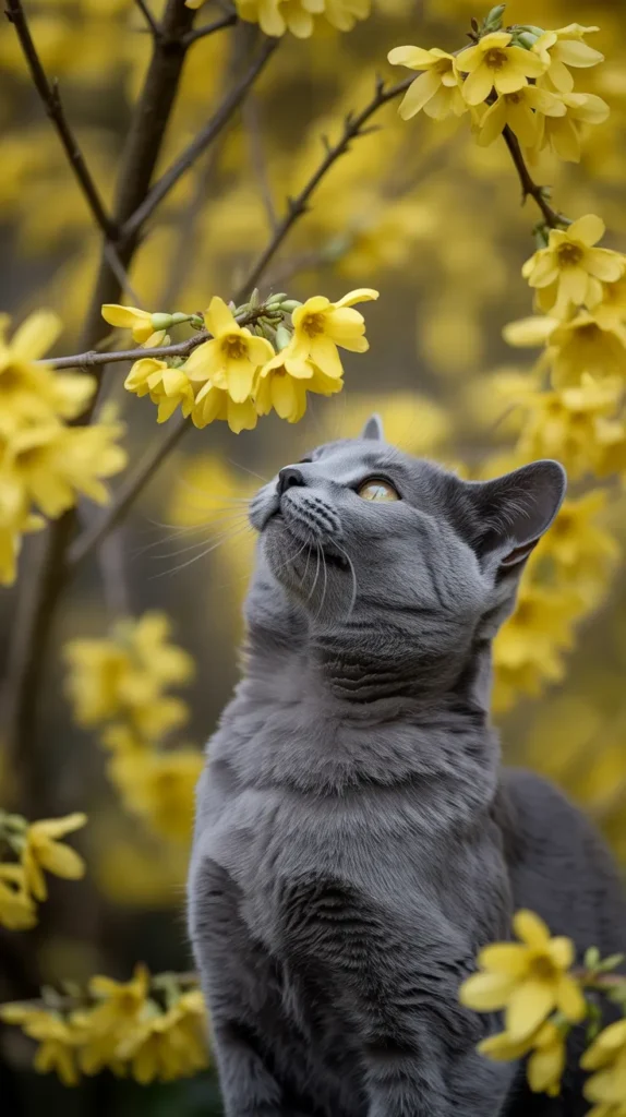 Cat Smelling Yellow-Flowers