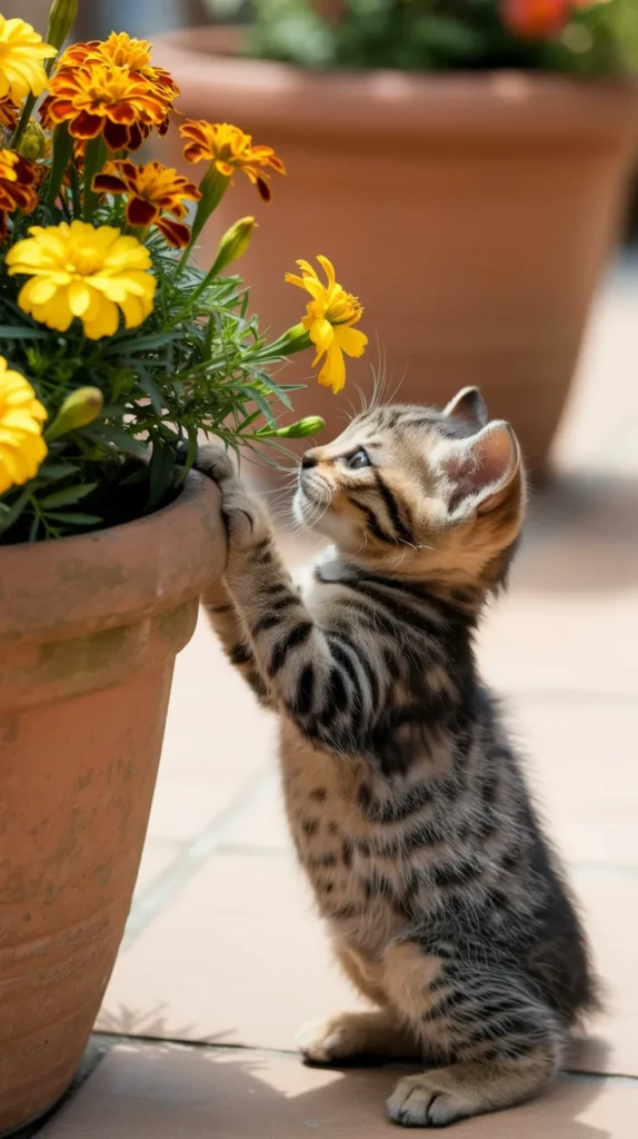 Cat Smelling Yellow-Flowers