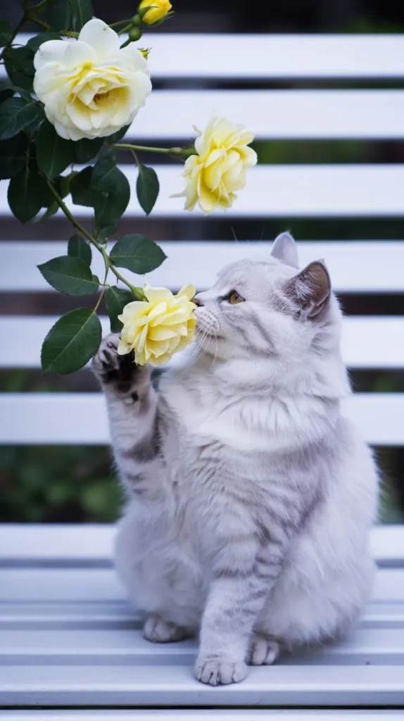 Cat Smelling Yellow-Flowers