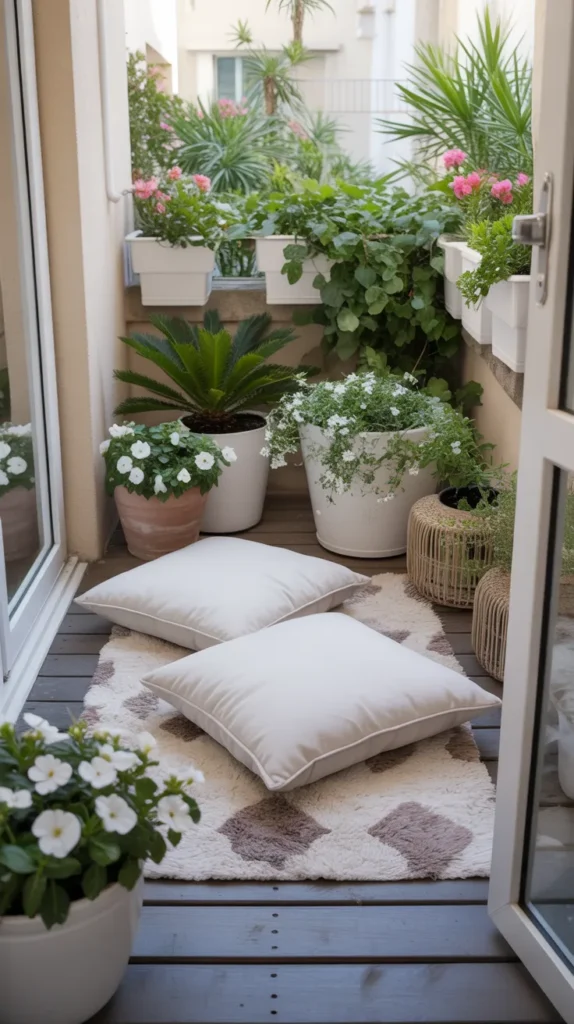 Cozy Balcony With Flowers And Cushions