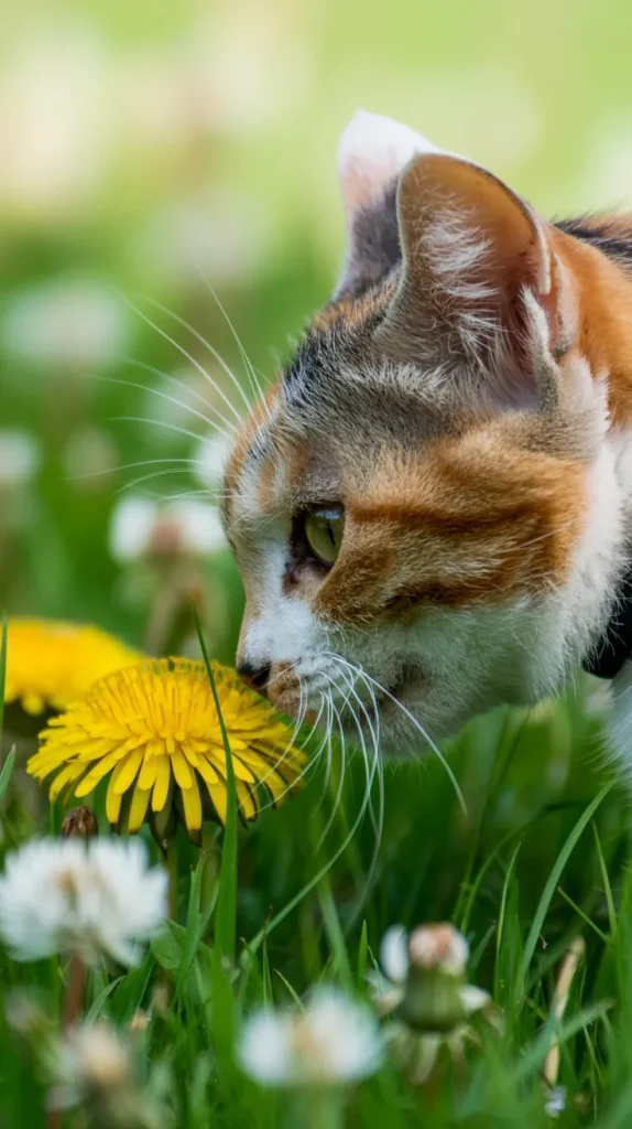 Cat Smelling Yellow-Flowers