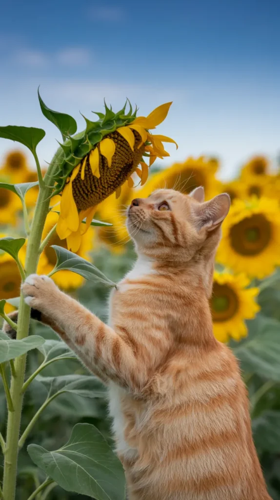 Cat Smelling Yellow-Flowers