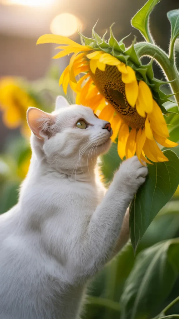 Cat Smelling Yellow-Flowers
