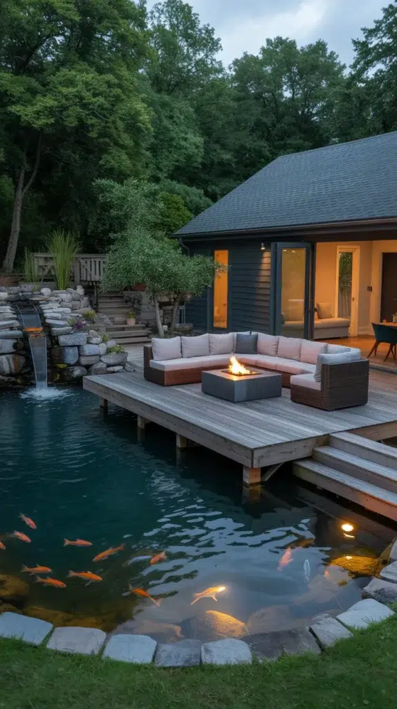 house with pond in backyard