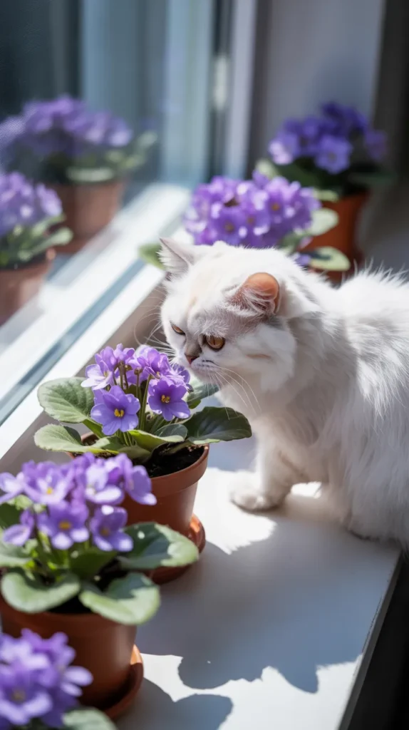 Cat Smelling Purple-Flowers