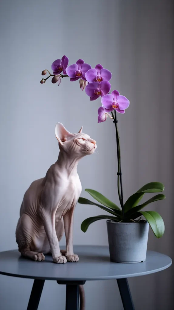 Cat Smelling Purple-Flowers