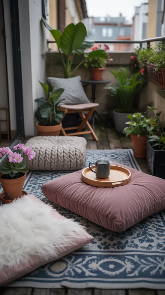 Cozy Balcony With Flowers And Cushions
