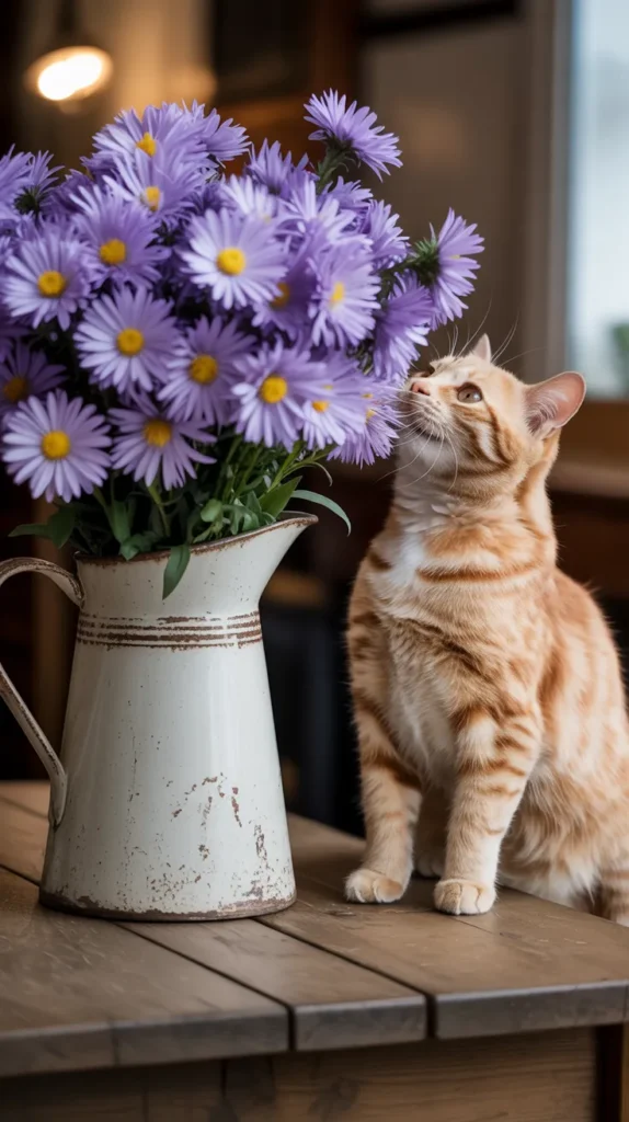Cat Smelling Purple-Flowers