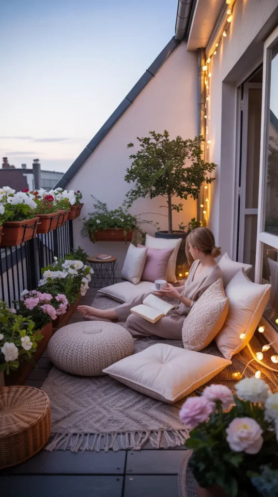 Cozy Balcony With Flowers And Cushions