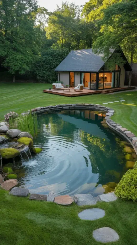 house with pond in backyard