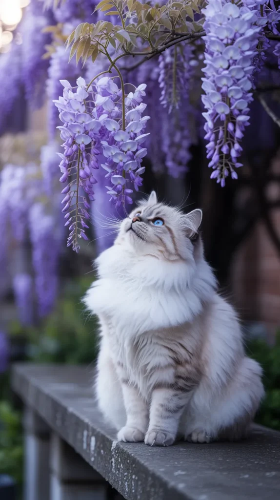 Cat Smelling Purple-Flowers