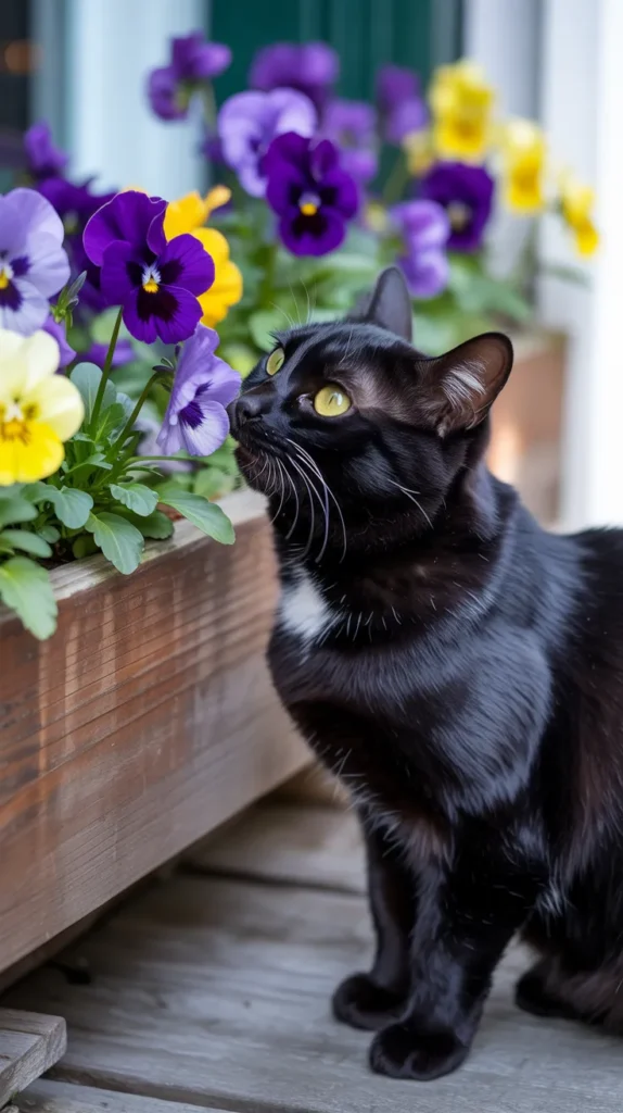 Cat Smelling Purple-Flowers