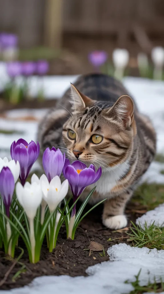 Cat Smelling Purple-Flowers