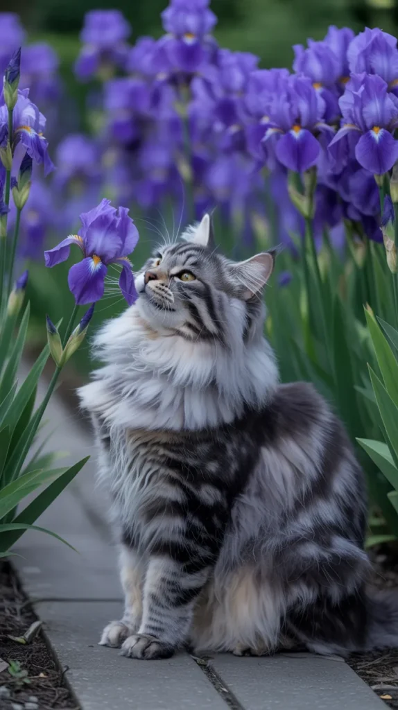 Cat Smelling Purple-Flowers