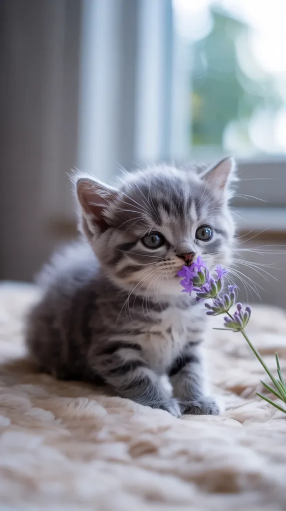 Cat Smelling Purple-Flowers