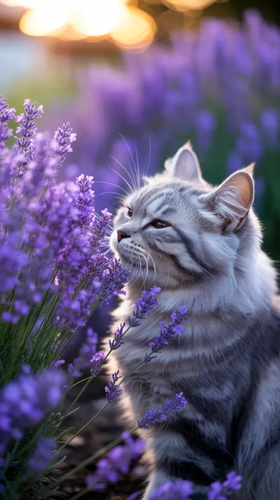 Cat Smelling Purple-Flowers