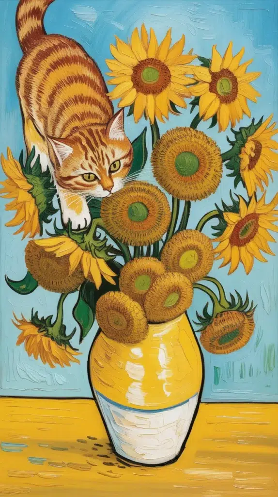 Cat Smelling Flowers-Painting