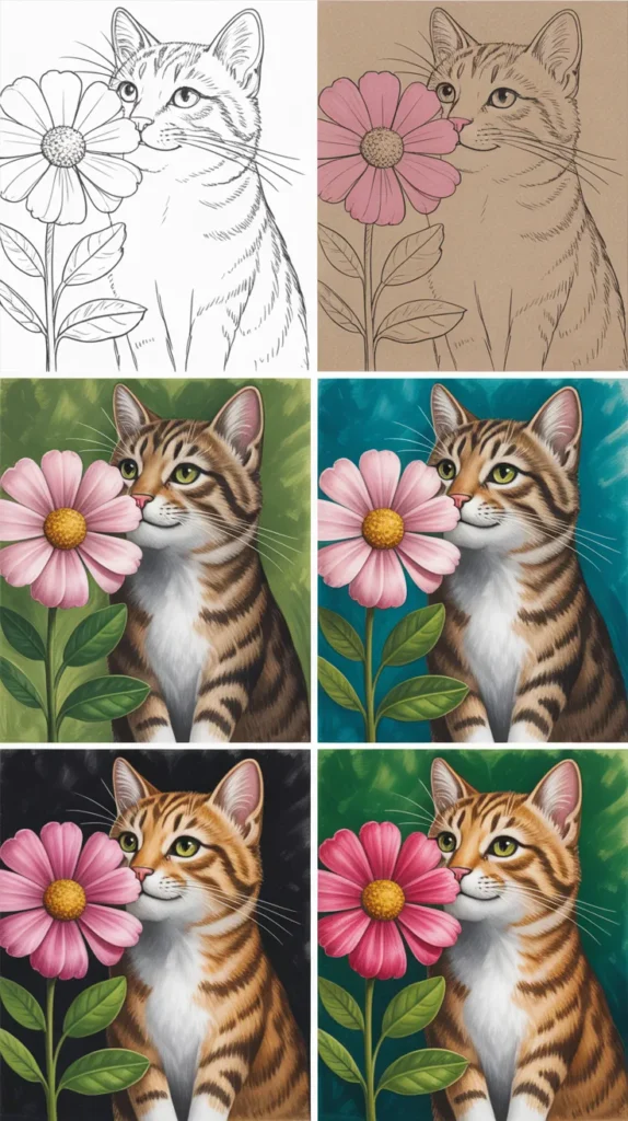 Cat Smelling Flowers-Painting