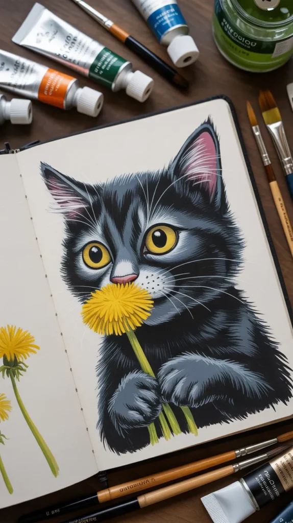 Cat Smelling Flowers-Painting