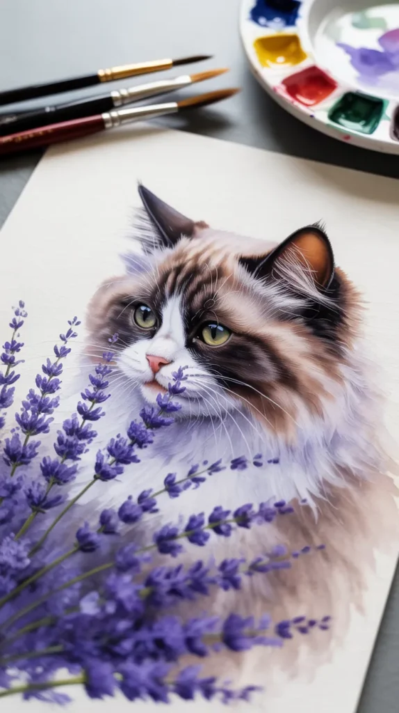 Cat Smelling Flowers-Painting