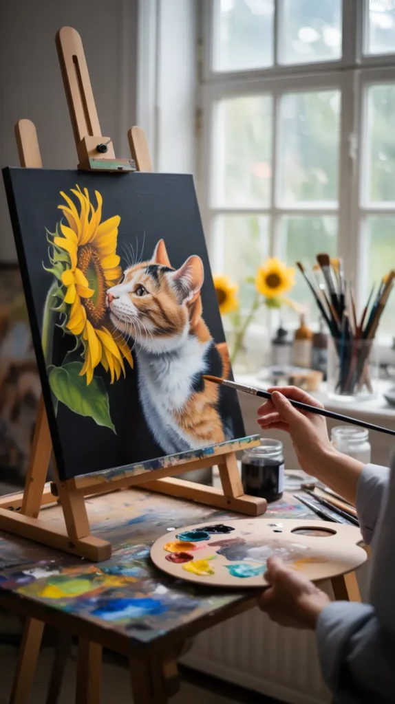 Cat Smelling Flowers-Painting 