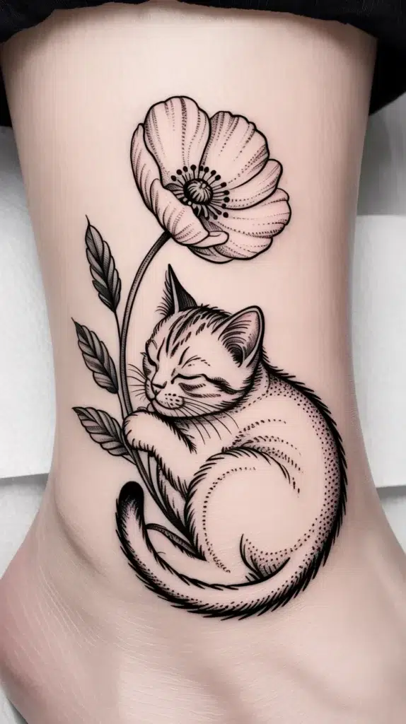 Cat Smelling-Flowers-Tattoo