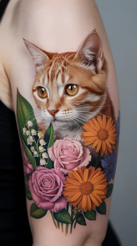 Cat Smelling-Flowers-Tattoo
