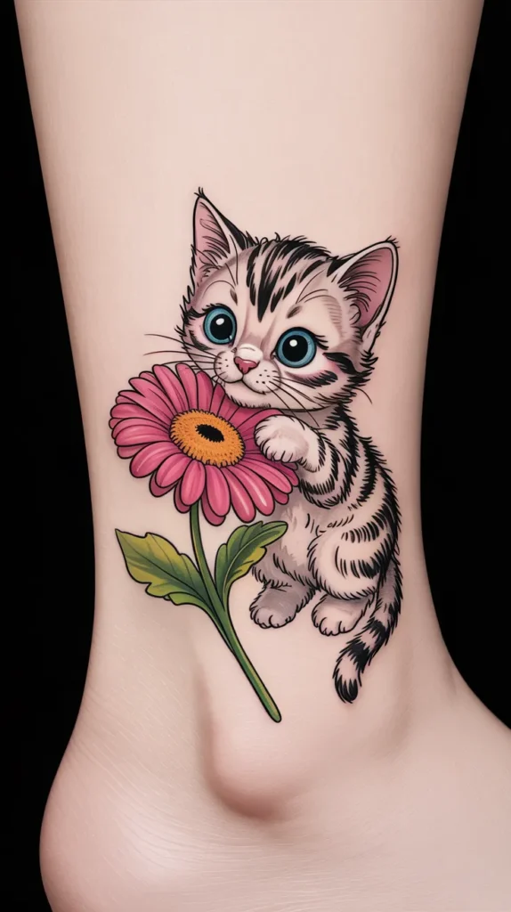 Cat Smelling-Flowers-Tattoo