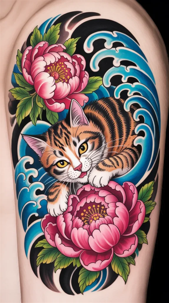 Cat Smelling-Flowers-Tattoo