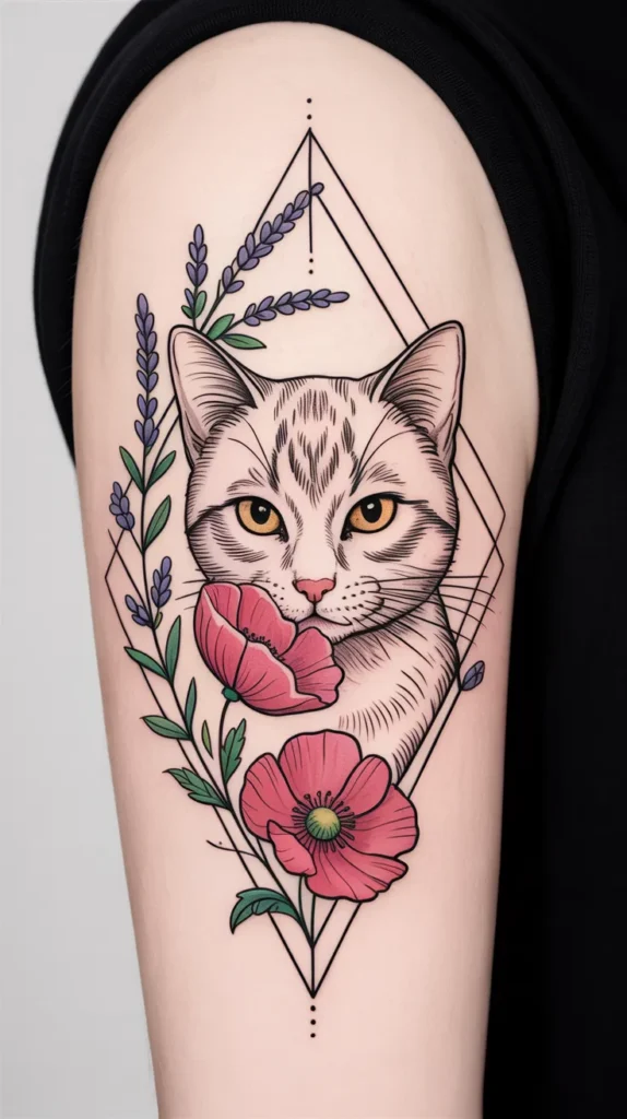 Cat Smelling-Flowers-Tattoo