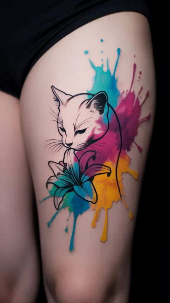 Cat Smelling-Flowers-Tattoo
