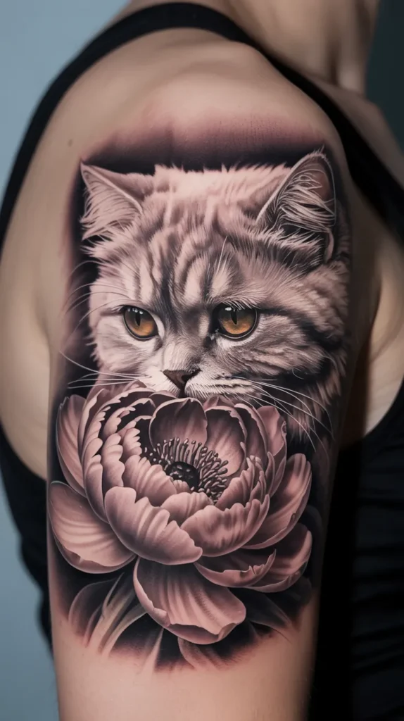 Cat Smelling-Flowers-Tattoo