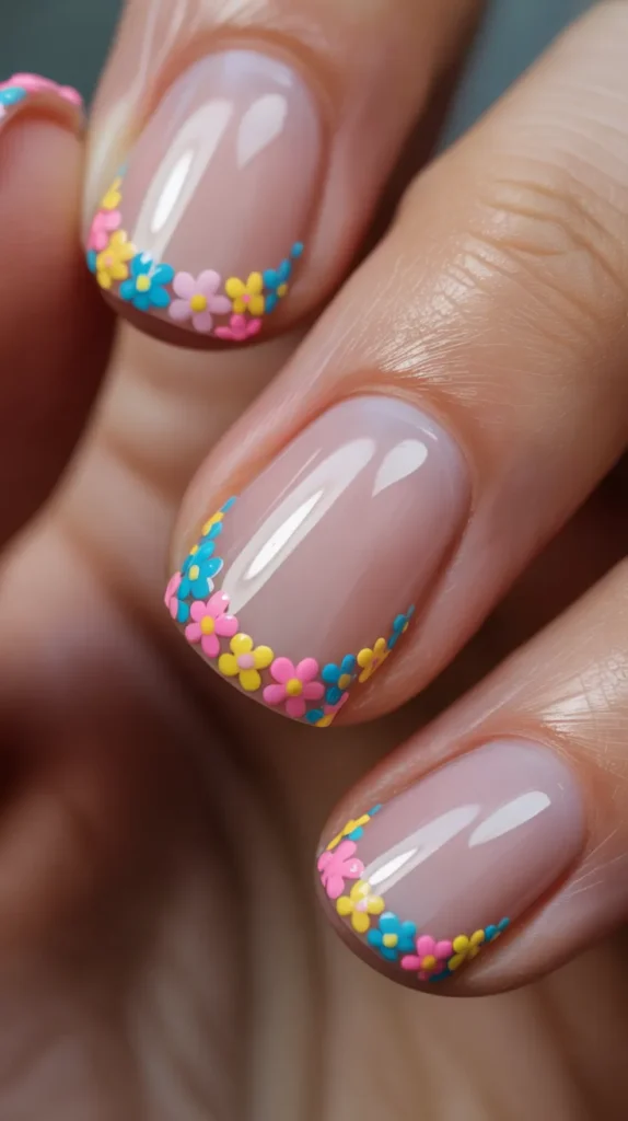 Colorful French Tips With Flowers
