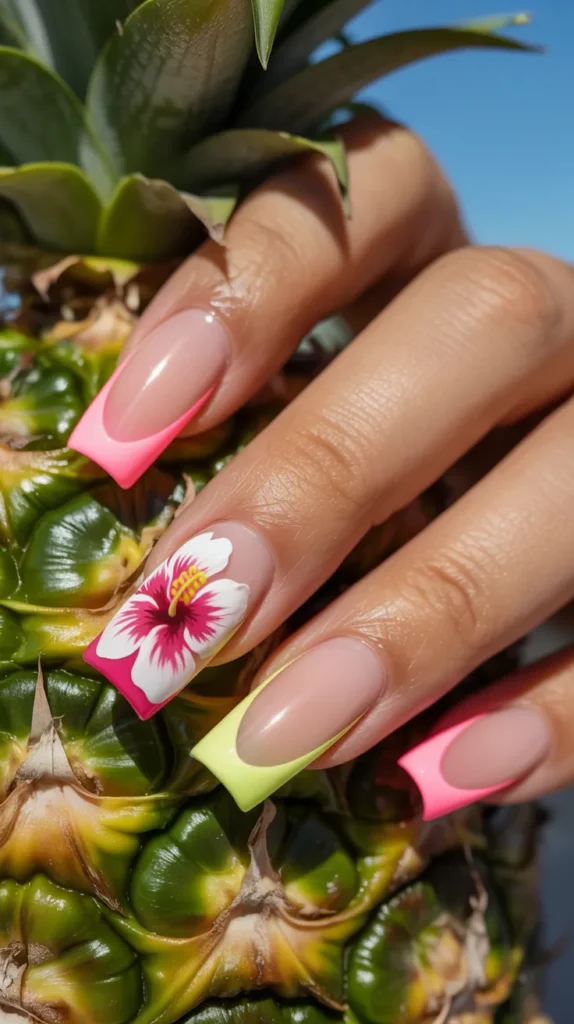 Colorful French Tips With Flowers