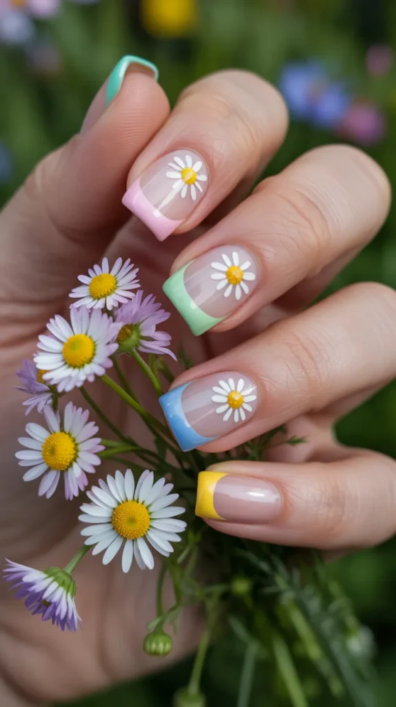 Colorful French Tips With Flowers