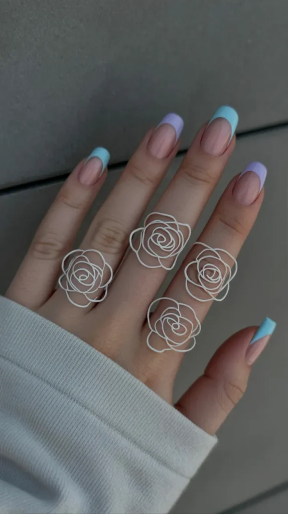 Colorful French Tips With Flowers