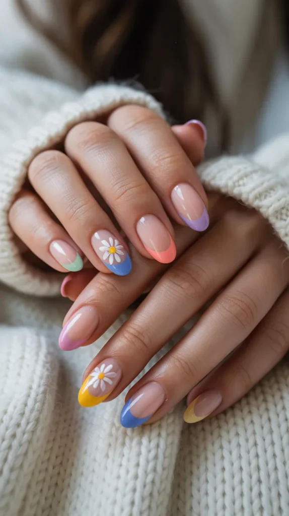 Colorful French Tips With Flowers