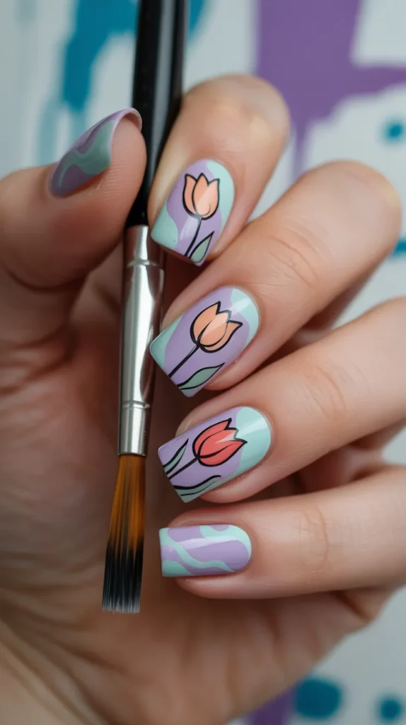 Colorful French Tips With Flowers
