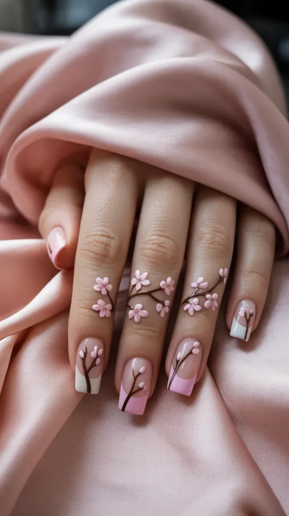Colorful French Tips With Flowers