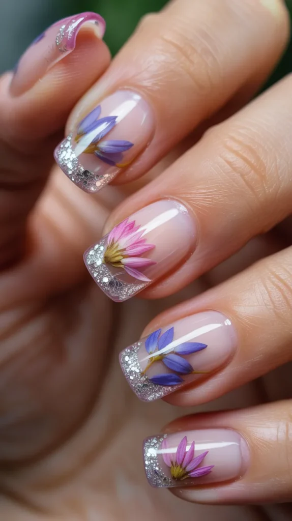 Colorful French Tips With Flowers
