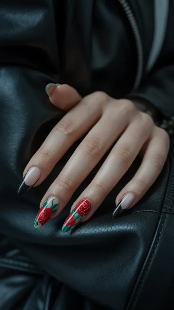 Colorful French Tips With Flowers