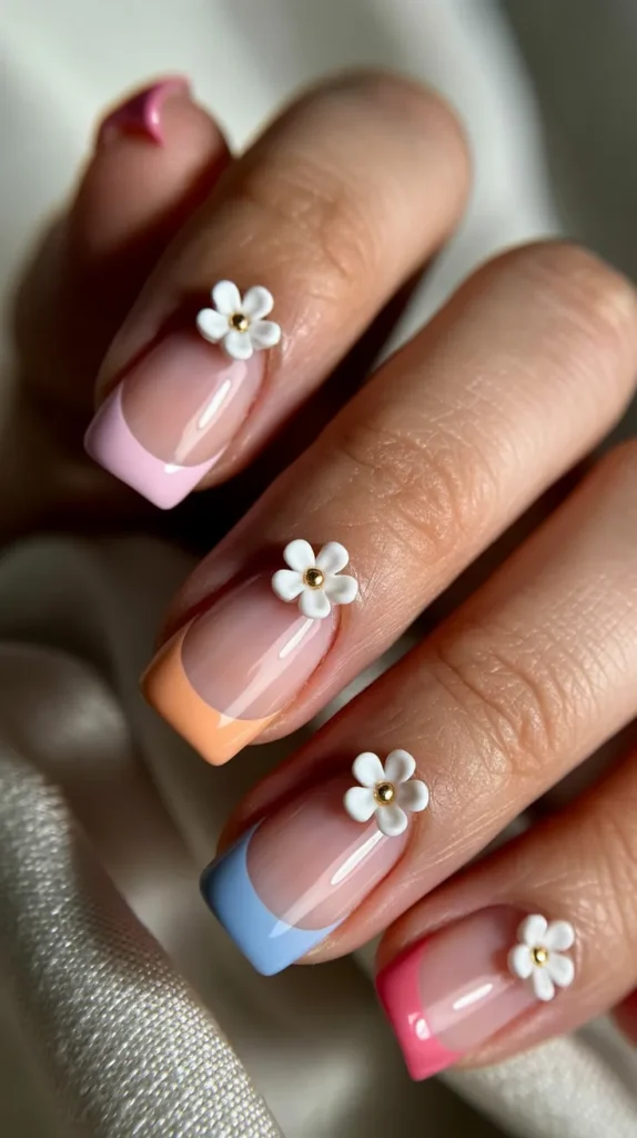 Colorful French Tips With Flowers