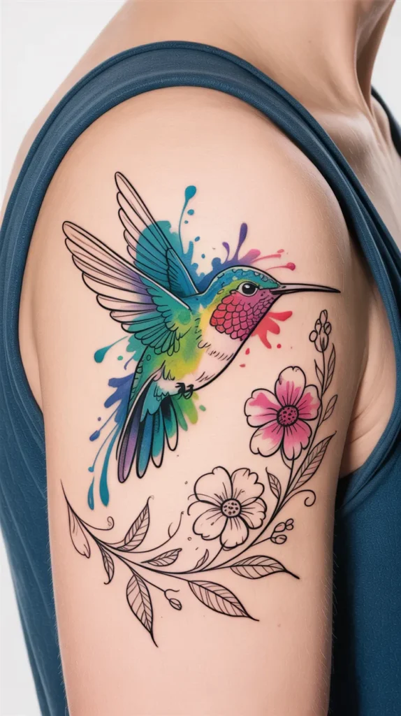 Colorful Hummingbird Tattoo With Flowers