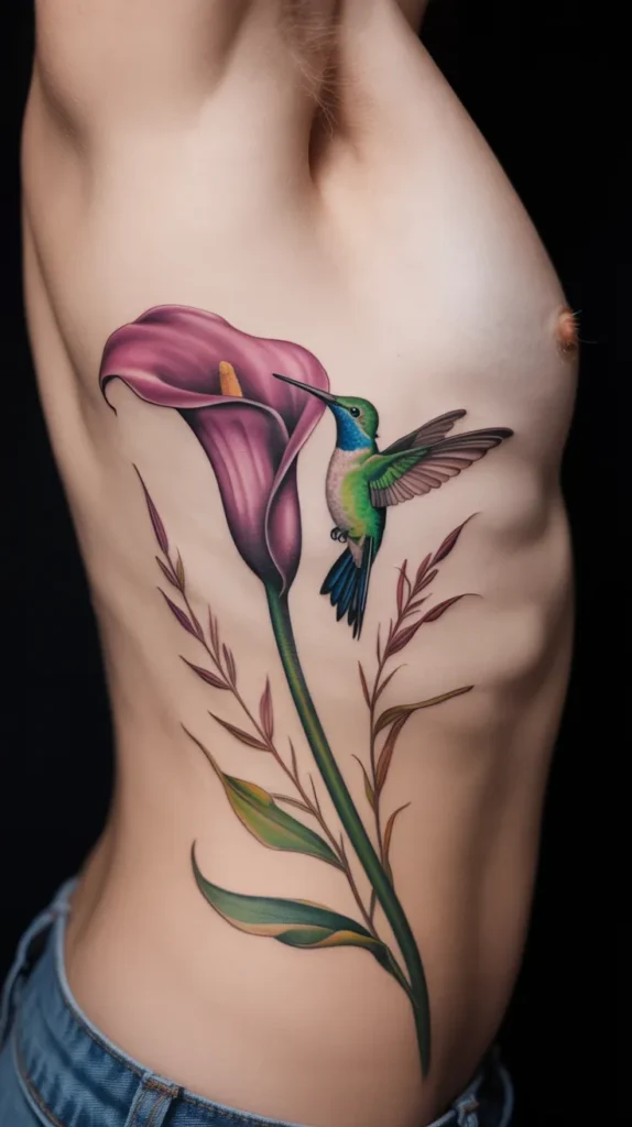Colorful Hummingbird Tattoo With Flowers