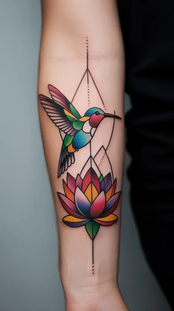 Colorful Hummingbird Tattoo With Flowers