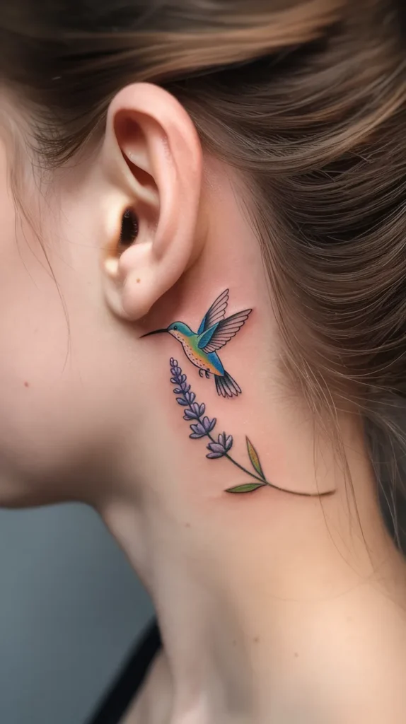 Colorful Hummingbird Tattoo With Flowers